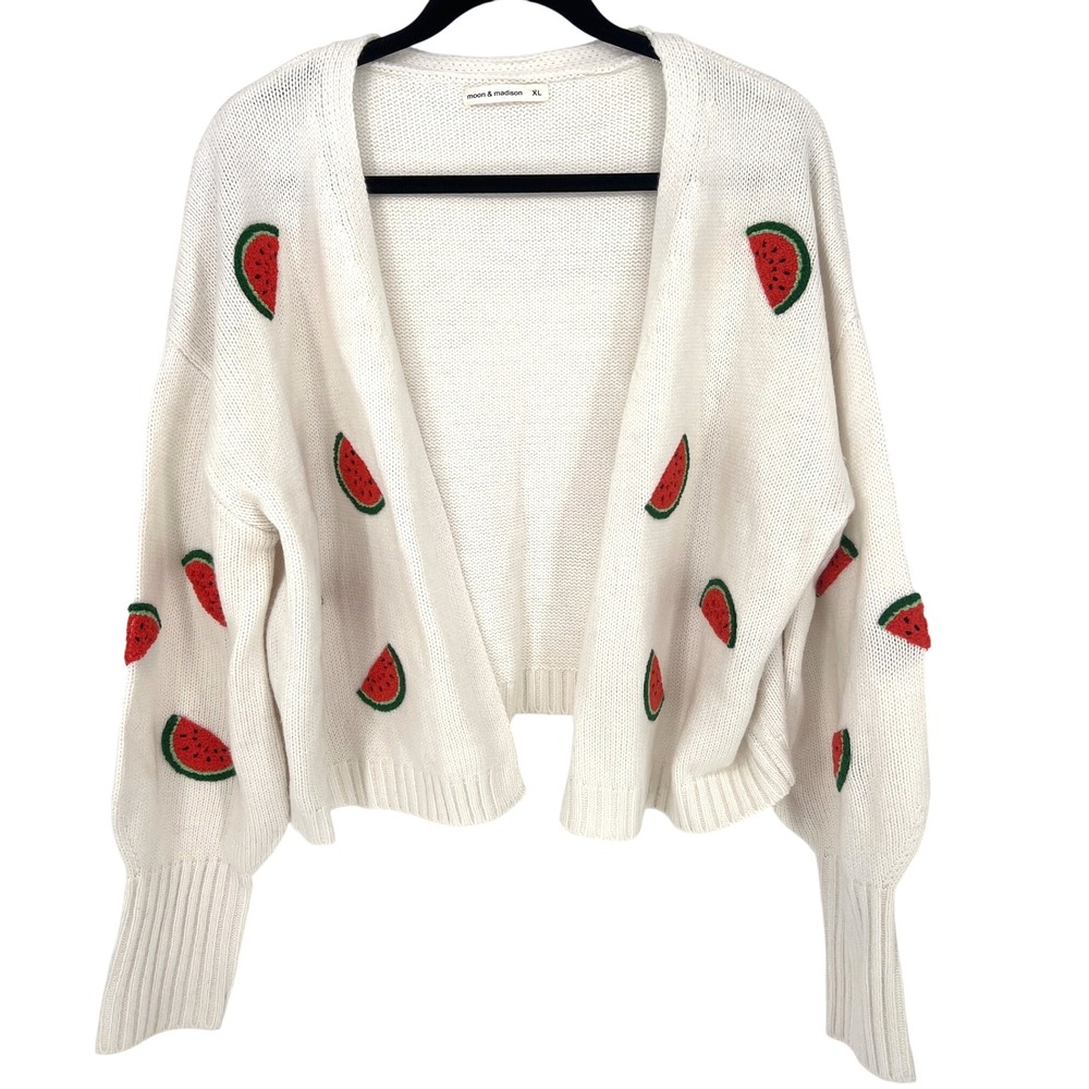 Moon &‎ Madison Watermelon Embroidered Knit Cardigan Sweater Off White XL